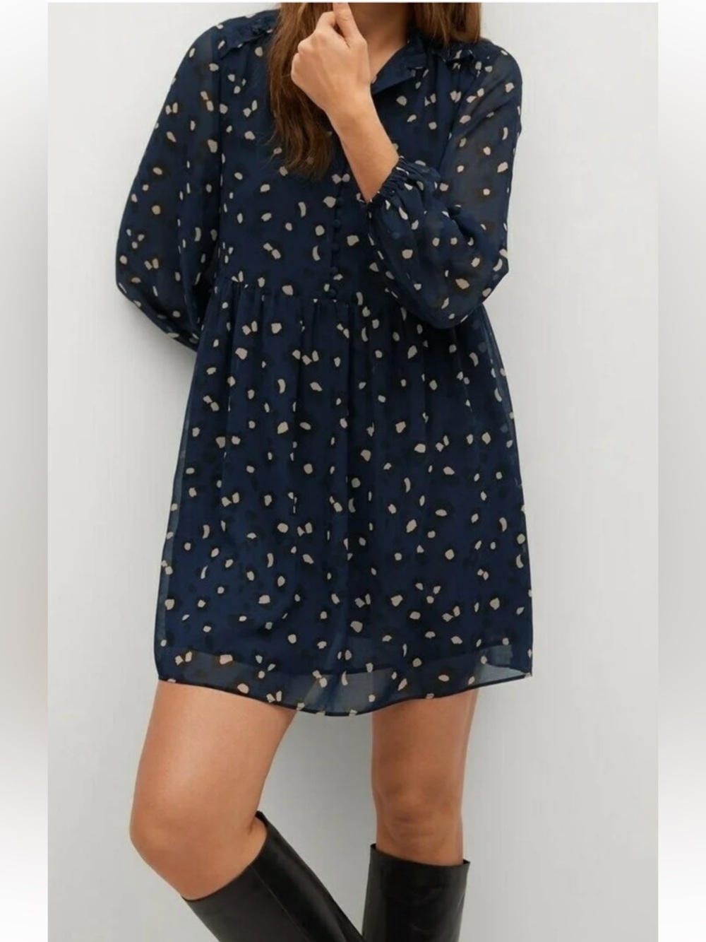 Mango Flowy Navy Polka Dot Mini Dress - Picture 3 of 12
